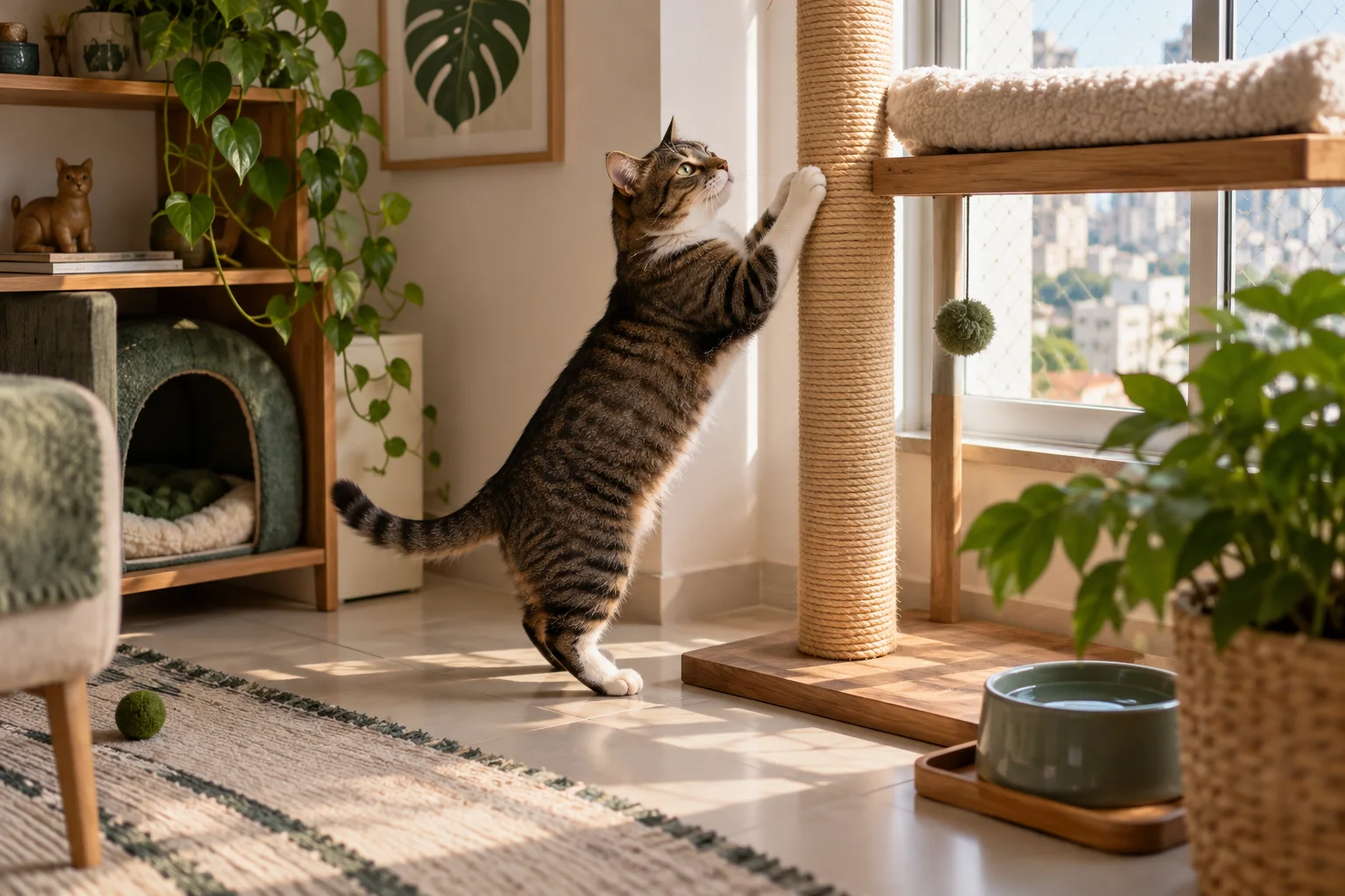 Gato usando arranhador próximo a poleiro e esconderijo; ilustração editorial gerada
