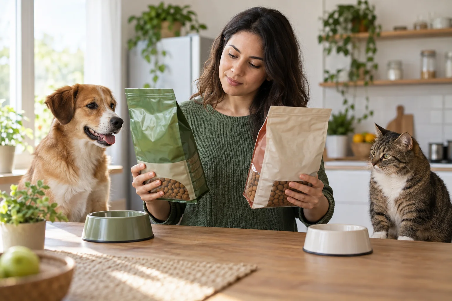 Tutora comparando duas embalagens sem marca de alimento com cão e gato ao lado; ilustração editorial gerada